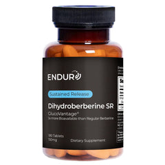 Endur Dihydroberberine SR bottle highlights gluten-free, vegan-friendly daily wellness.
