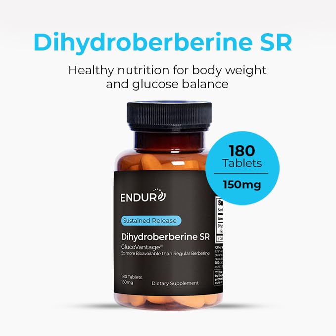 Close-up of Endur Dihydroberberine SR tablets showing easy-to-swallow design for daily use.