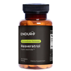 Endur Resveratrol bottle label showing 100 mg trans-resveratrol for cardiovascular support