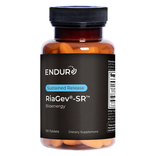 Endurance RIAGEV bottle label shows a 600 mg sustained release dose for energy support