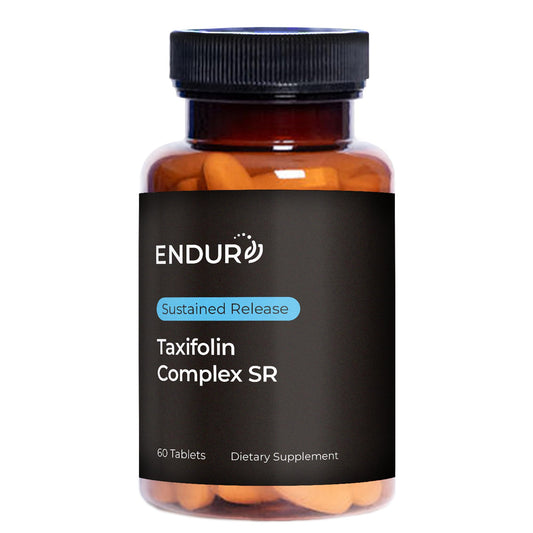 Endurance ENDUR Taxifolin Complex SR bottle front shows sustained-release antioxidant support.