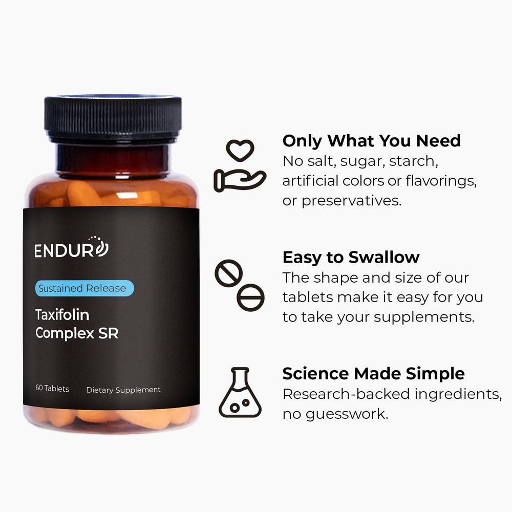Endurance ENDUR Taxifolin Complex SR vegan gluten-free symbol communicates dietary compatibility.