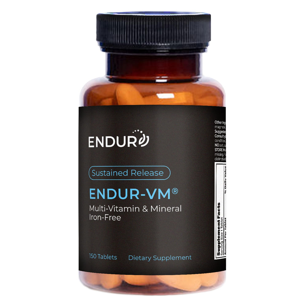 Endur-VM tablet bottle front view highlights sustained-release vitamins for daily energy.