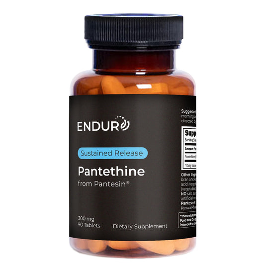 Endurance Pantethine sustained-release tablets in a bottle for daily use and potential cholesterol support.