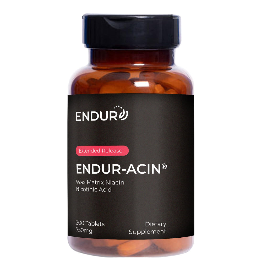 Endur-acin bottle label highlights high-potency Niacin for heart health support.