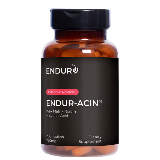 Endur-acin bottle label highlights high-potency Niacin for heart health support.