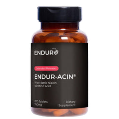 Endur-acin bottle label highlights high-potency Niacin for heart health support.