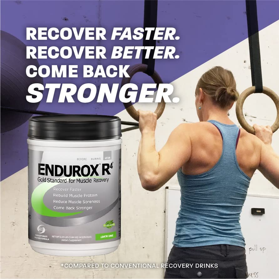 Endurox R4 canister highlighting 28 servings and flavor options