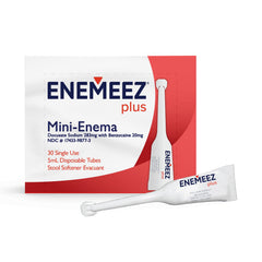 Enemeez Plus packaging box showing the 30-count mini enema kit for quick relief