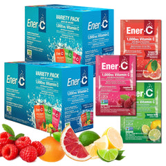 Ener-C multivitamin drink mix bottle pour showing on-the-go hydration and nutrients.