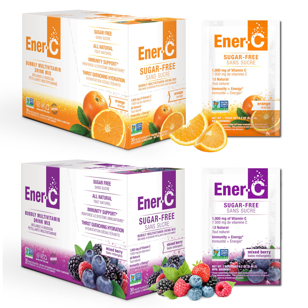 Ener-C orange packet beside a glass of water for daily vitamin C boost