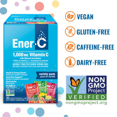 Ener-C variety pack packets close-up highlights convenient daily servings.
