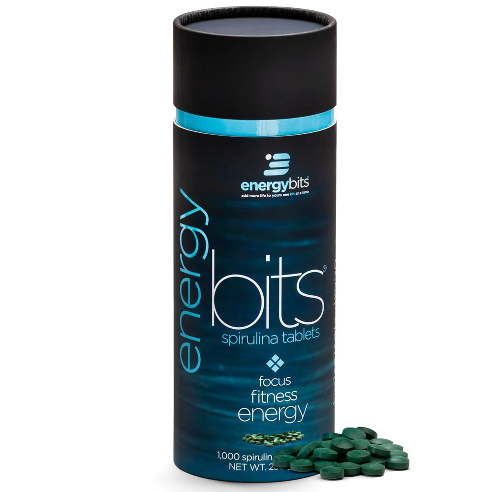 ENERGYBITS bottle front view with spirulina tablets for steady energy.