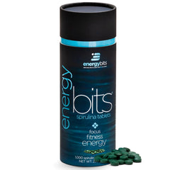 ENERGYBITS bottle front view with spirulina tablets for steady energy.