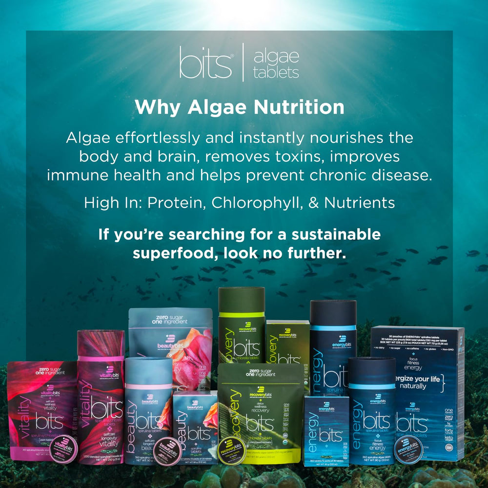 ENERGYBITS tablets close-up shows single-ingredient spirulina for clean nutrition.