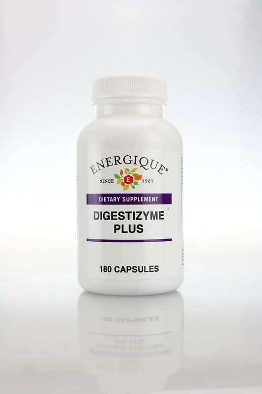 Energique Digestizyme Plus bottle cap close-up showing capsule blend for digestion support