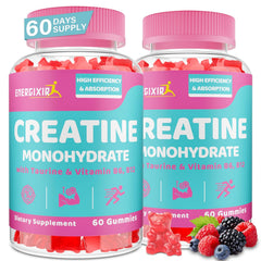 Energixir Creatine Gummies bottle front showing berry flavor for energy support.