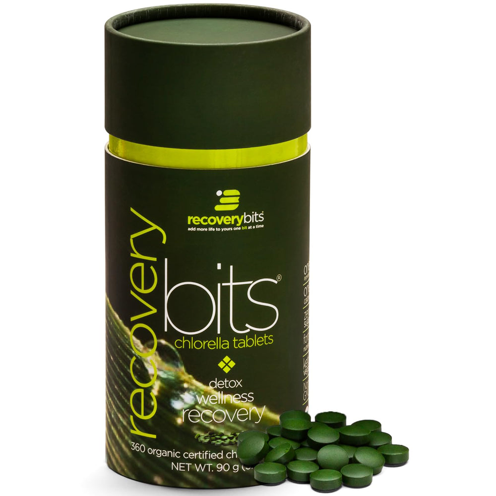 ENERGYBITS Recoverybits chlorella tablets closeup, convenient plant-based nutrition for daily wellness.