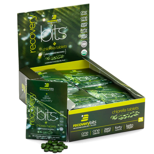 RECOVERYbits tablet close-up highlighting chlorella nutrients for daily recovery