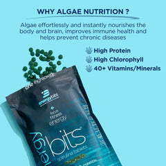 EnergyBits spirulina tablets close-up shows compact, protein-rich pills for quick energy during workouts.