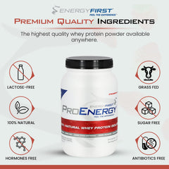 EnergyFirst grass-fed whey label emphasizing quality and gluten-free non-GMO certification