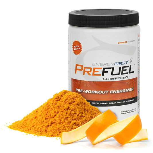 EnergyFirst Prefuel orange-flavored powder with scoop ready for pre-workout boost.