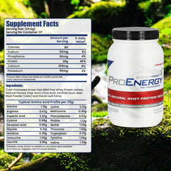 EnergyFirst strawberry whey protein bottle highlighting non-GMO and gluten-free formula