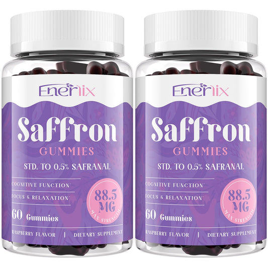 Enerlix Saffron Gummies bottle displaying 120 servings for daily mood and focus support.