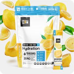 Engineered Nutrition sugar-free electrolyte packets in a glass for quick hydration