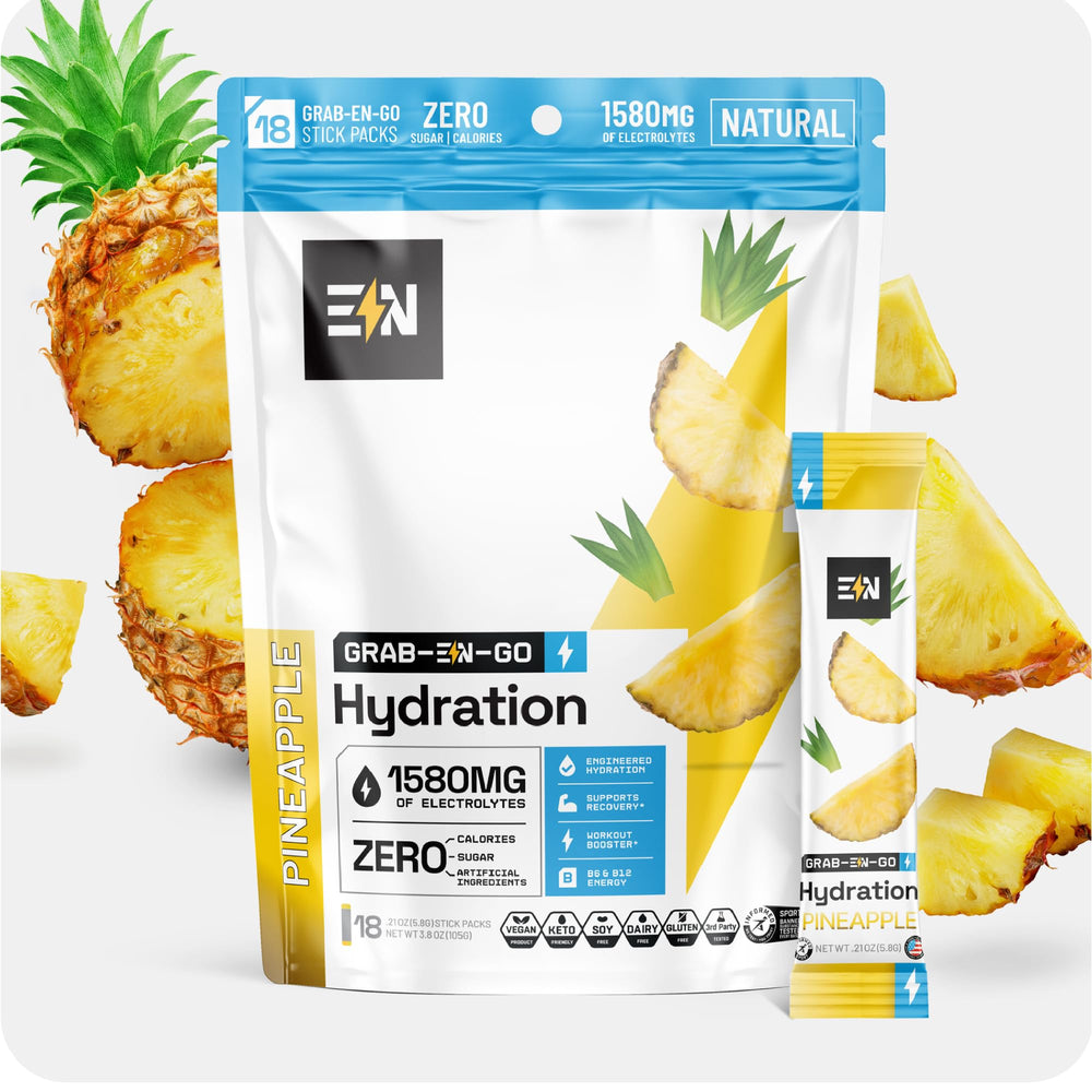 Engineered Nutrition pineapple electrolyte packets front view showing zero-calorie hydration option for keto and vegan lifestyles