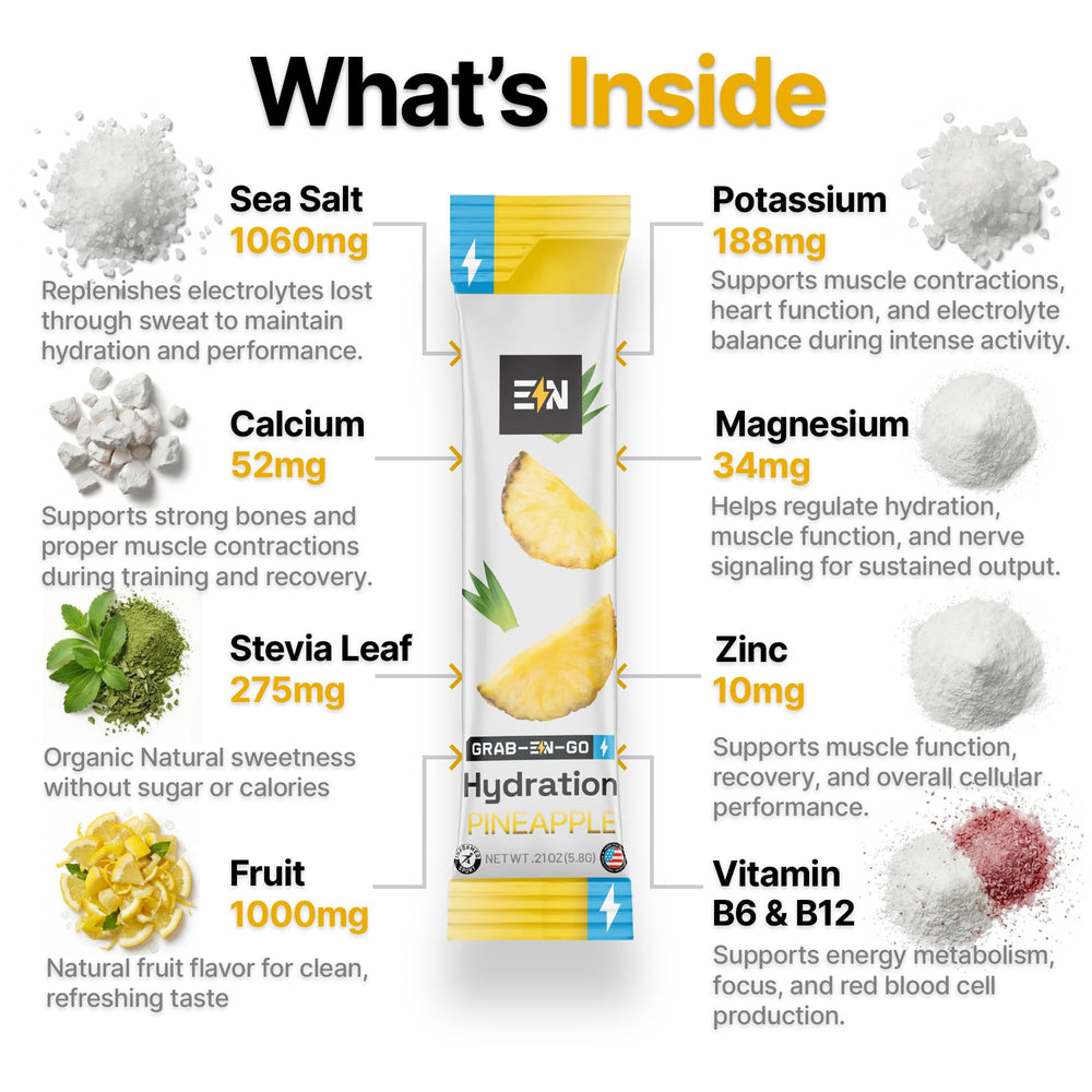 Engineered Nutrition pineapple electrolyte packets label emphasizes clean ingredients and no artificial colors