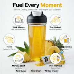 Engineered Nutrition pineapple electrolyte packets in a tumbler illustrating convenient daily hydration