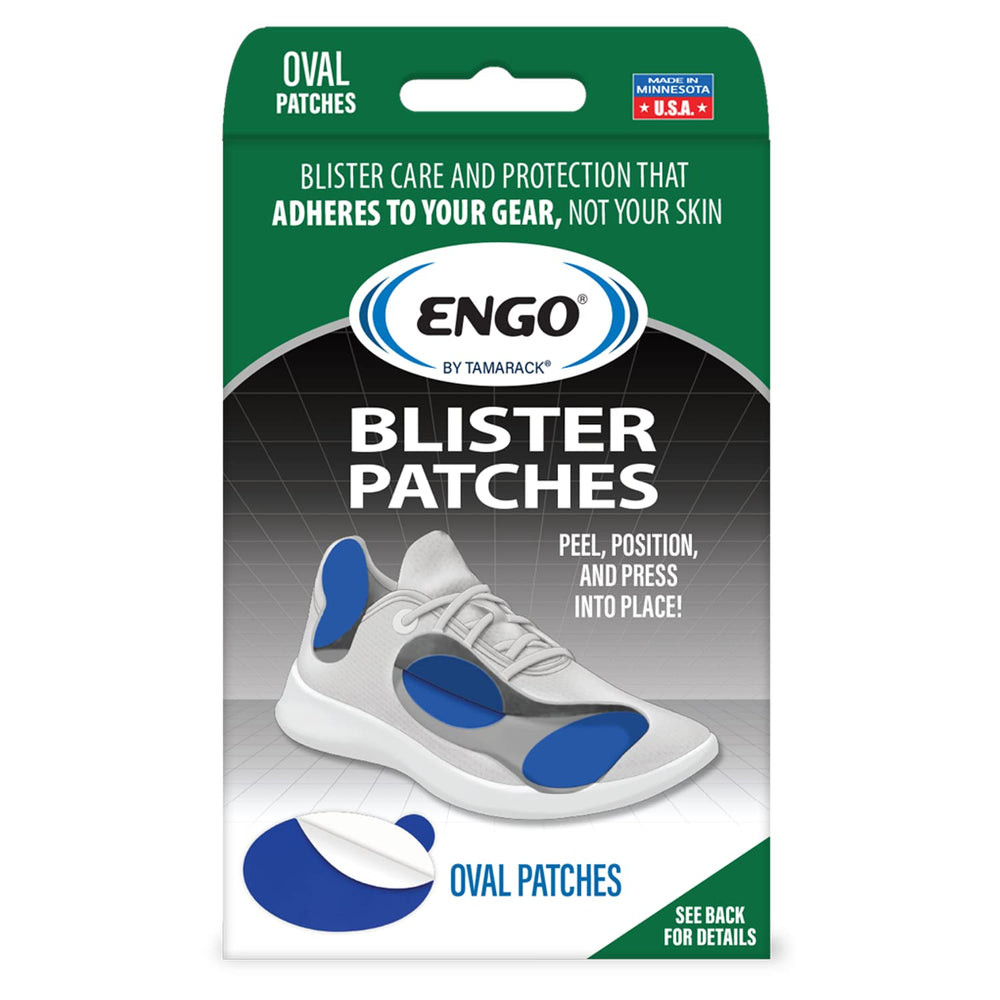 Engo small oval blister patches applied inside footwear reduce friction and blister risk.
