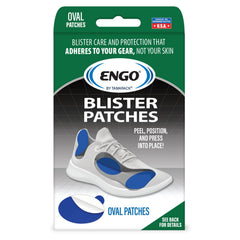 Engo small oval blister patches applied inside footwear reduce friction and blister risk.