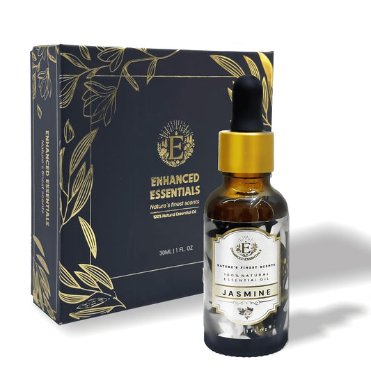Enhanced Essentials Absolute Jasmine bottle in moonlit glow promotes a soothing mood and atmosphere.