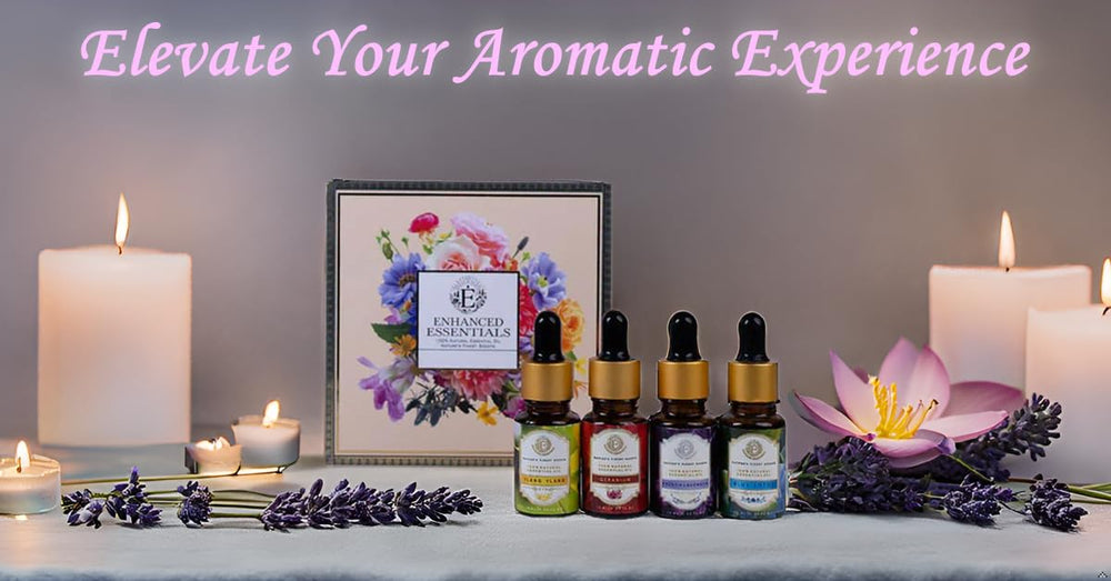 Enhanced Essentials Blue Lotus oil bottle promoting meditative calm at home