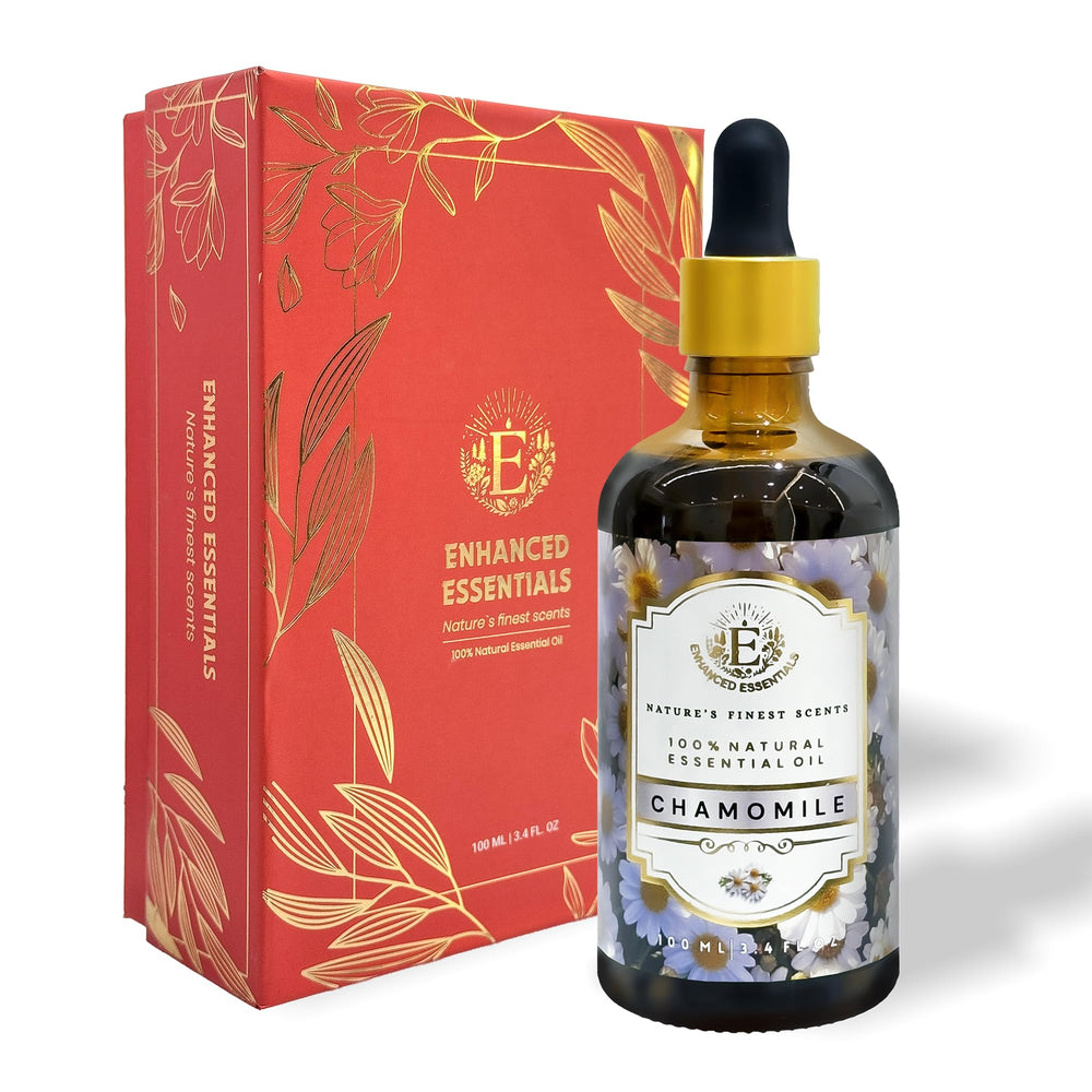 Enhanced Essentials Chamomile oil bottle in amber glass for premium storage and gifting.
