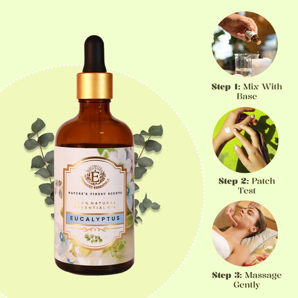 Enhanced Essentials Eucalyptus Oil used on skin when diluted for calming, soothing effects.