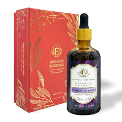 Enhanced Essentials lavender oil bottle for diffusing and skincare routines.
