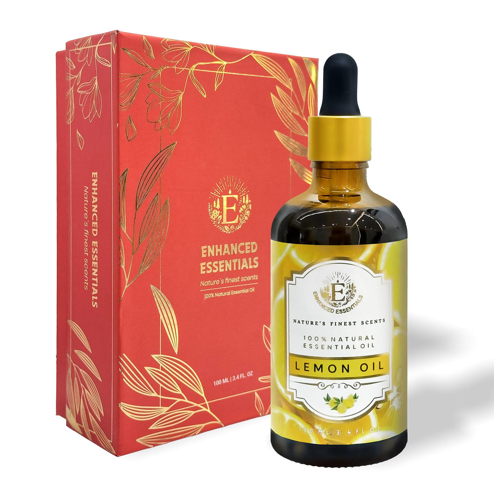 Enhanced Essentials lemon essential oil bottle with dropper for diffusers and cleaning.