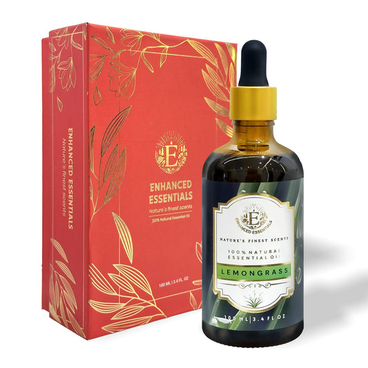 Enhanced Essentials Lemongrass essential oil bottle ready for diffusion and fragrance.