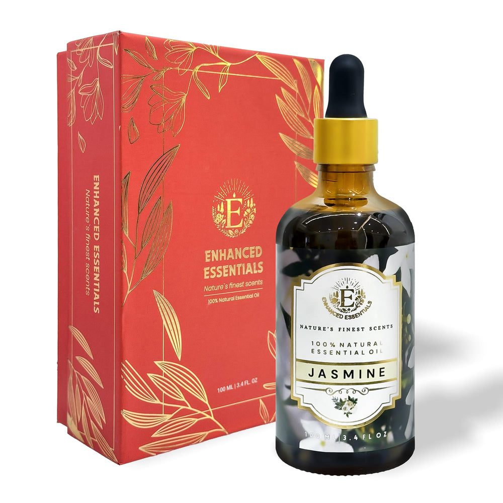 Enhanced Essentials Jasmine essential oil bottle on display, premium aroma for mood uplift.