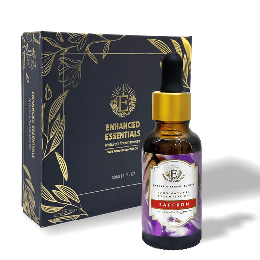 Enhanced Essentials Saffron Essential Oil bottle close-up, highlighting premium purity for diffuser use.