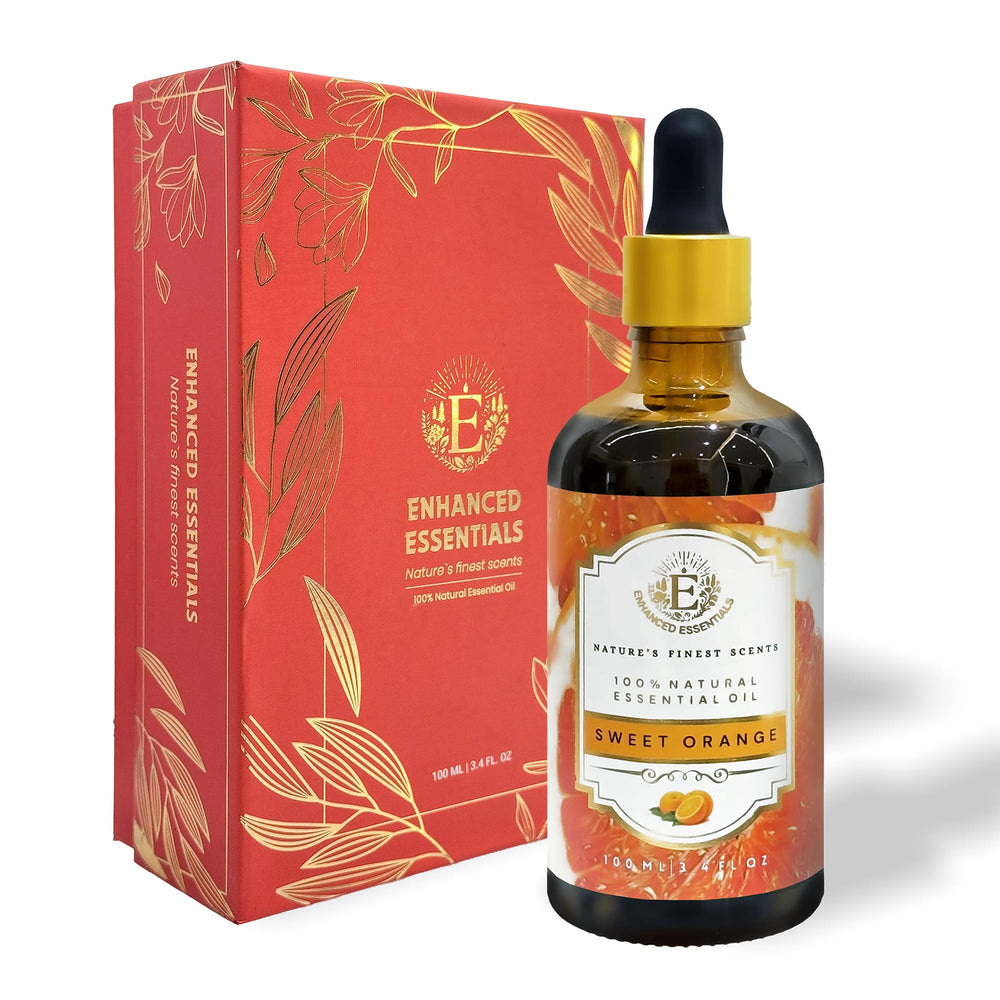 Enhanced Essentials Sweet Orange Oil bottle in amber glass for uplifting diffuser use
