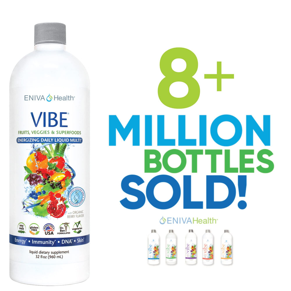 Large 32 oz Eniva Health Vibe bottle viewed from the back label.