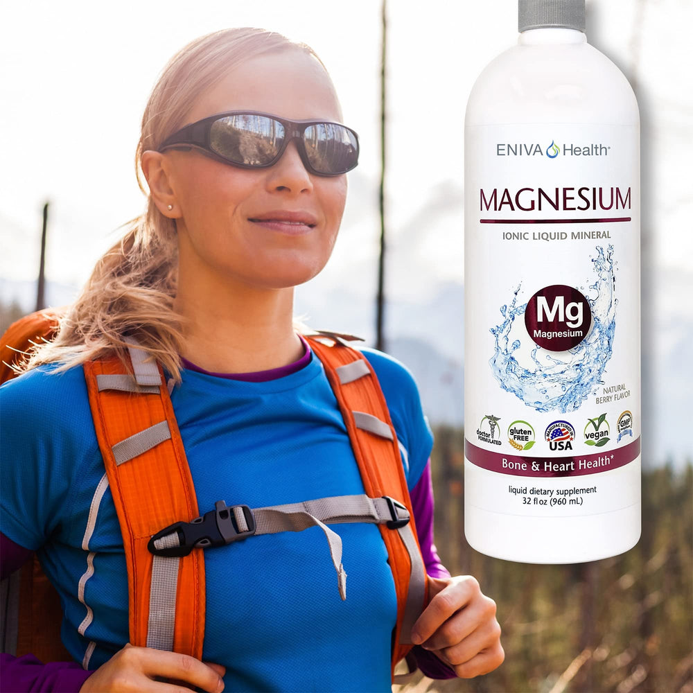 Eniva Health liquid magnesium label closeup emphasizes gluten-free, sugar-free formula.