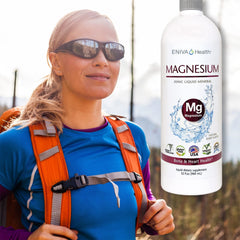 Eniva Health liquid magnesium label closeup emphasizes gluten-free, sugar-free formula.