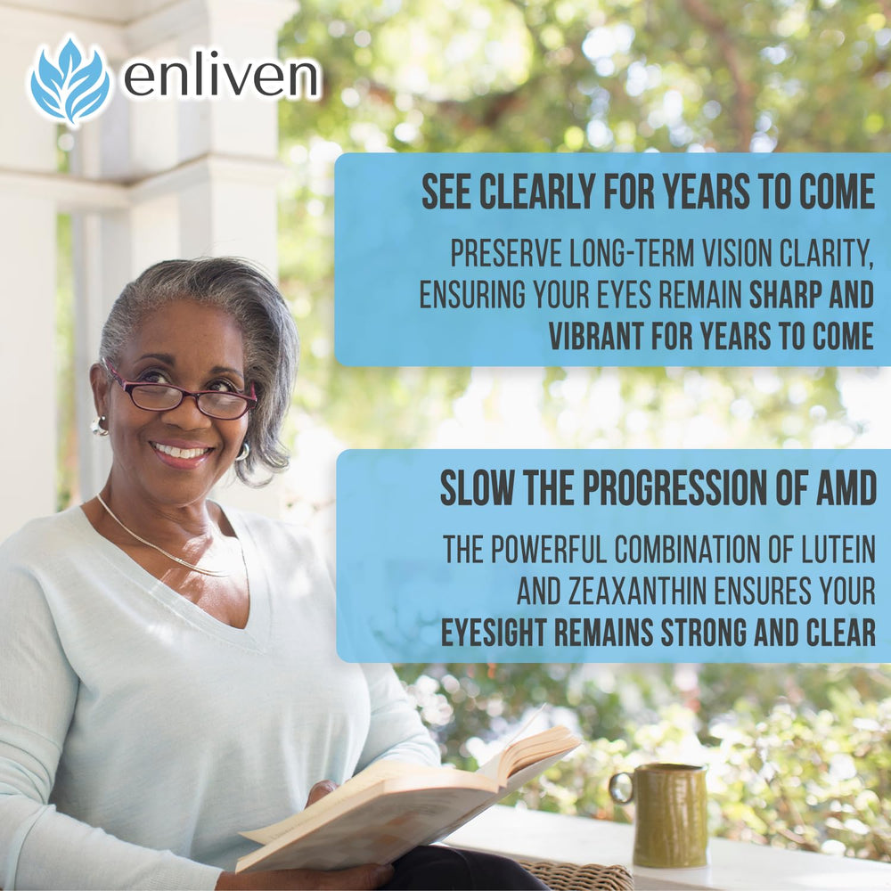 Enliven nutrient blend image shows lutein, zeaxanthin, zinc, vitamins C & E for eye health.