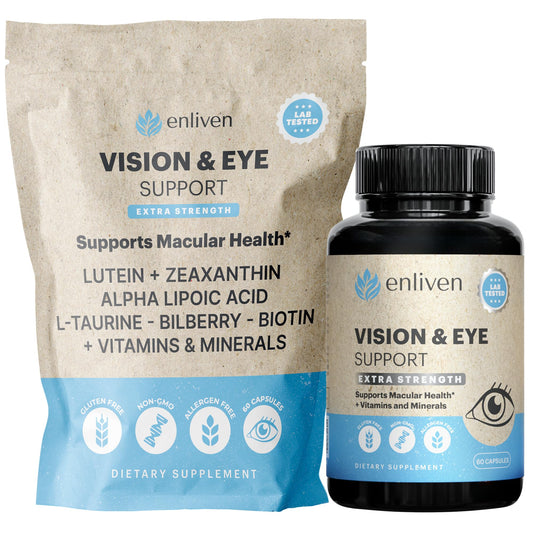 Enliven Lutein & Zeaxanthin bottle front highlighting daily eye support for clearer vision.