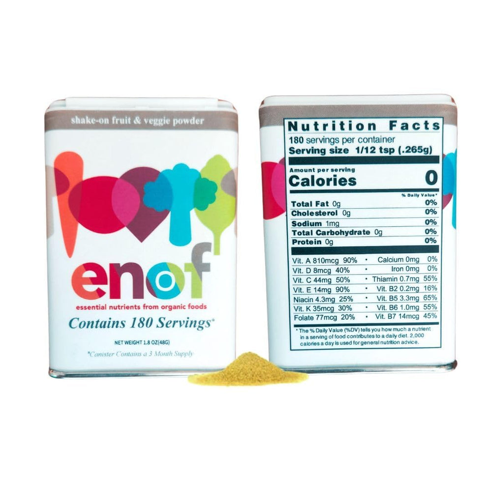 ENOF powder ingredients close-up highlighting carrots, broccoli, and apples